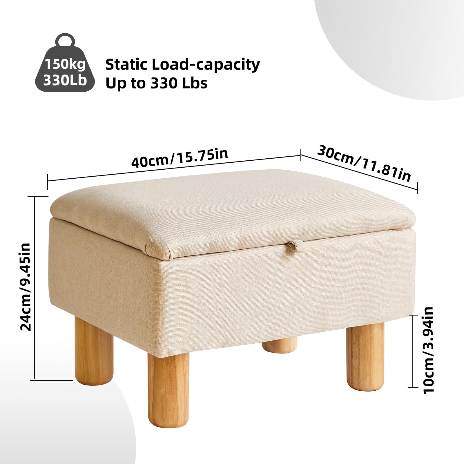 Aibiju Footstool with Storage, Small Ottoman Footstool, Fabric Footstool with Wooden Legs for Living Room Bedroom Entryway,Beige, YD-JD1361