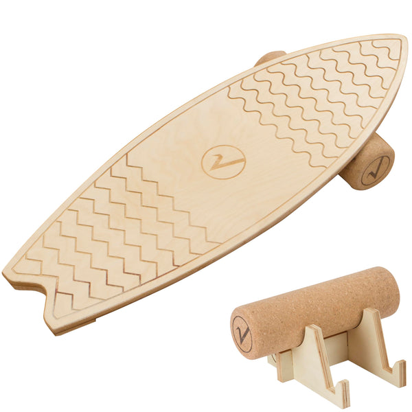 valuents Balance Board, Surfboard Shape with Cork Roller, Multi-layered Maple Wood, Non-slip Mat, Holder for Neuromuscular Response Training, Adult