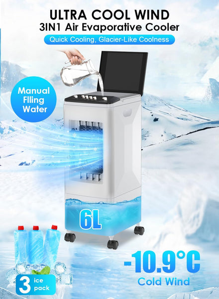 Portable Air Conditioner, 【2025 Newest 3-in-1 Evaporative Air Cooler】 with 3 Speeds, 26ft Cooling Range, 60° Auto Swing, 6L Water Tank & 3 Ice Packs, 35dB Quiet, 60W, for Home, Office, Bedroom
