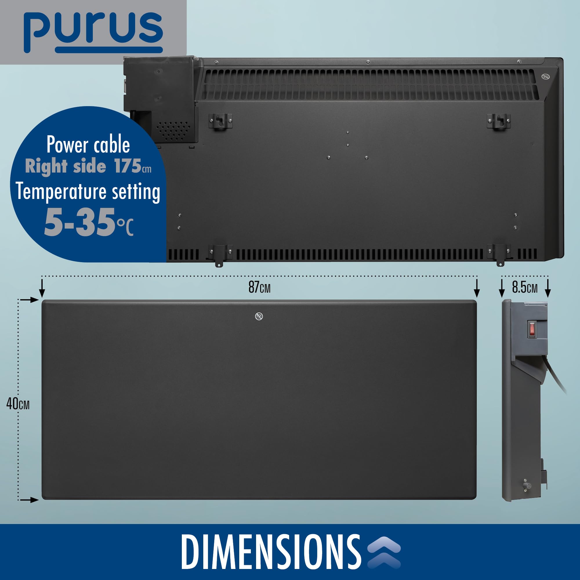 Purus 600W Grey Electric Radiator Heaters for Home, Bathroom Safe Electric Heater Setback Timer Lot 20 & Advanced Thermostat Control Wall Mounted or Floor Standing Low Energy Panel Heater