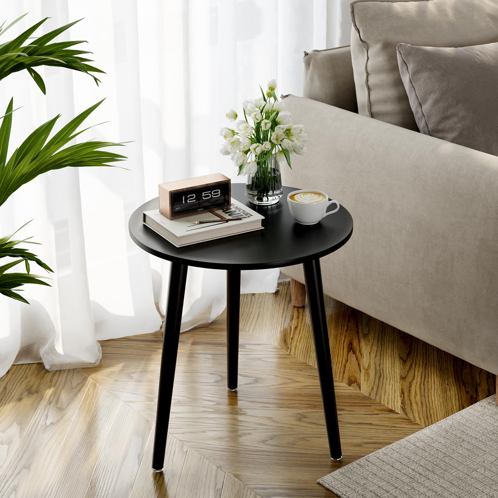 APICIZON Black Side Table, Round Coffee Table, Small End Table for Living room, Bedroom, Small Space, Wooden Bedside Table, Easy Assemble, 42(D) x