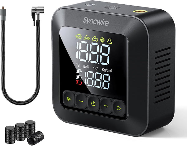Syncwire Tyre Inflator Portable Air Compressor - 150PSI Air Pump 3X Faster Inflation Electric Tyre Pump for Car Motorcycle Bike Balls, with Car Tyre Valve Caps, Extra-Large LCD, LED Light, Auto-Off