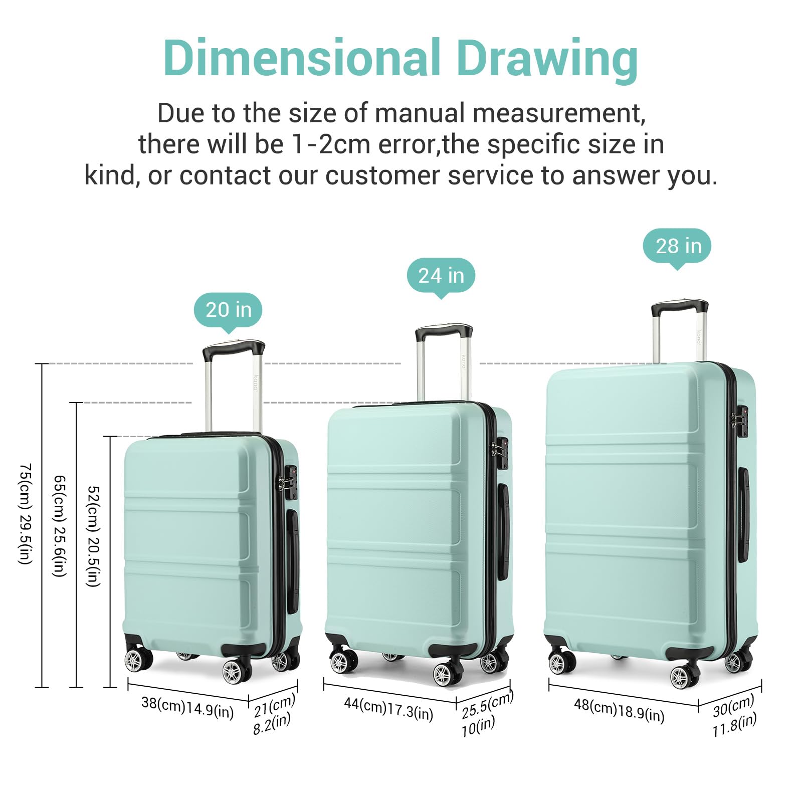 Kono Fashion Hand Luggage Lightweight ABS Hard Shell Trolley Travel Suitcase