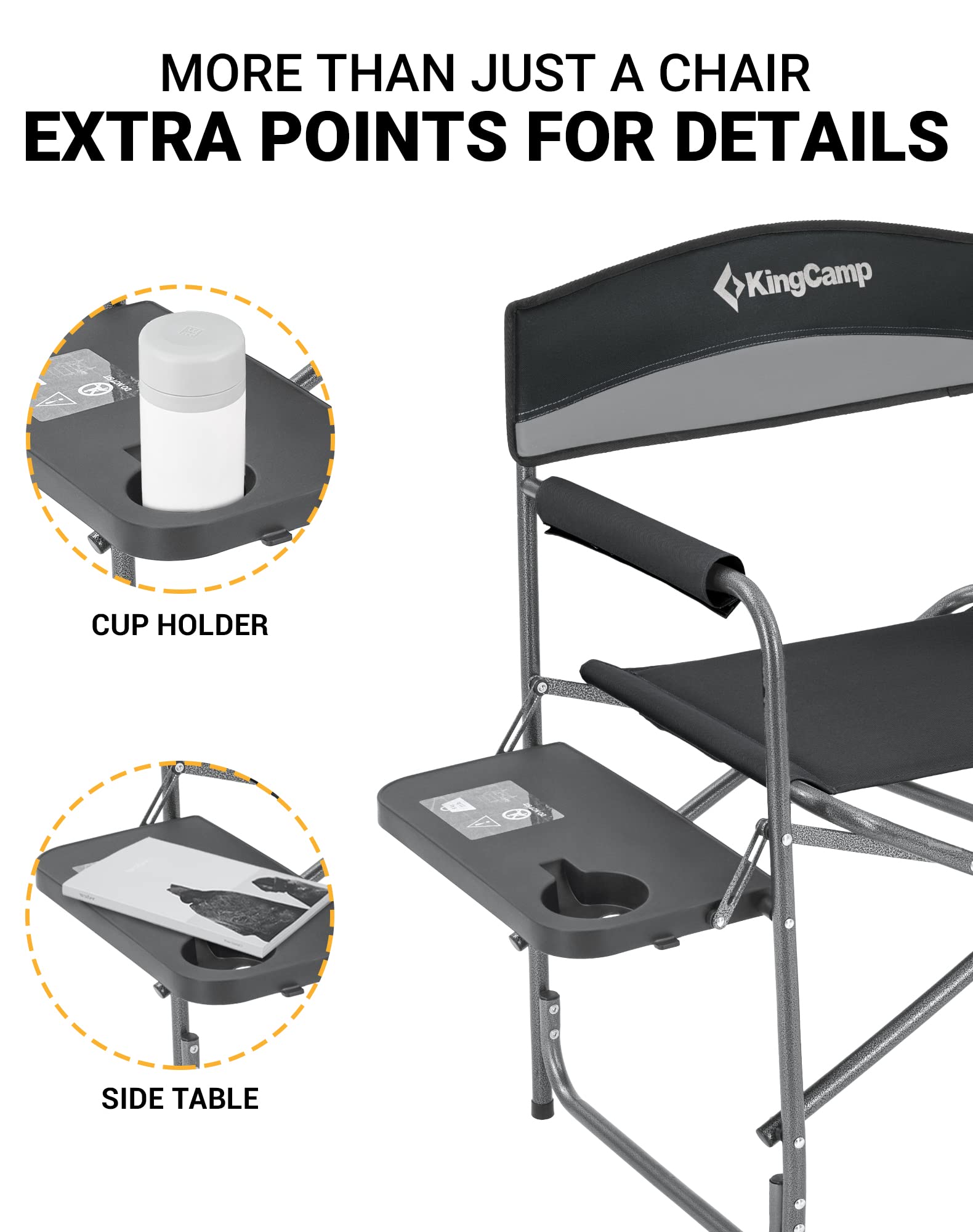 KingCamp Folding Camping Chairs for Adluts Heavy Duty Directors Chair with Cooler Bag and Side Table Support up to 150KG