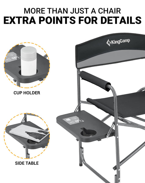 KingCamp Folding Camping Chairs for Adluts Heavy Duty Directors Chair with Cooler Bag and Side Table Support up to 150KG