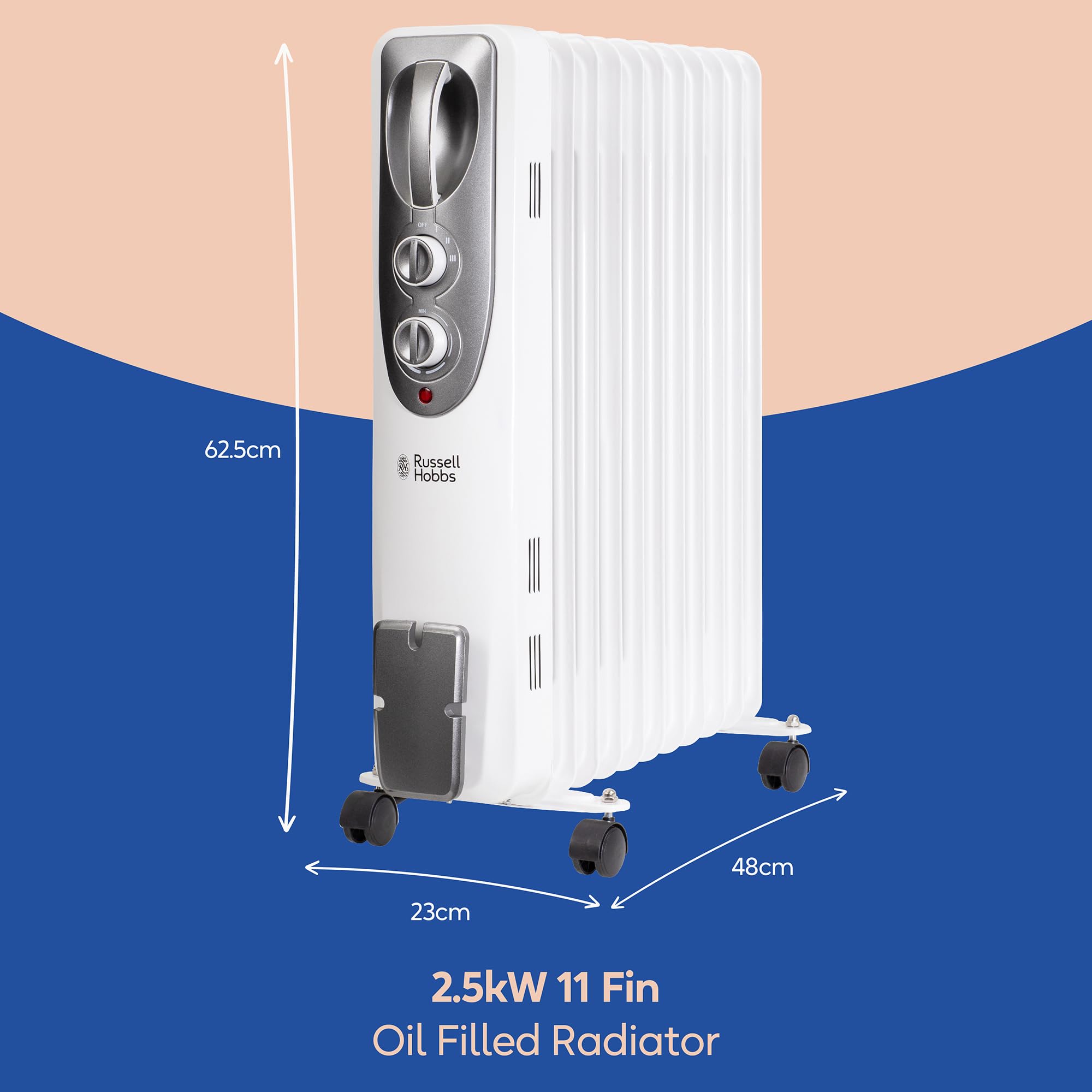 Russell Hobbs 1500W/1.5KW Oil Filled Radiator, 7 Fin Portable Electric Heater - White, Adjustable Thermostat with 3 Heat Settings, Safety Cut-off, 15 m sq Room Size, RHOFR5001, 2 Year Guarantee