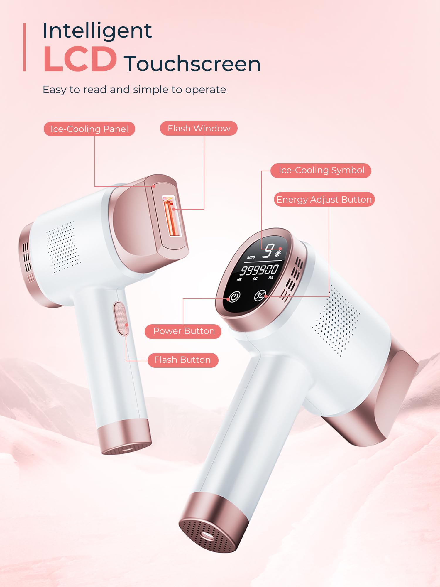 IPL Laser Hair Removal Device for Women Men, Painless Ice-Cooling Hair Remover Machine, 3 Functions, 9 Levels, at-Home Salon & Long Lasting Results for Face Bikini Line Armpits Leg Body, Rose