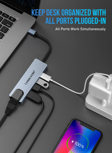 Lemorele 6-in-1 USB C Hub with 4K HDMI, Ethernet, 2 USB Ports, 100W PD Charging for MacBook Pro/Air M1, iPad Pro M1, Switch, Chromecast, PS4