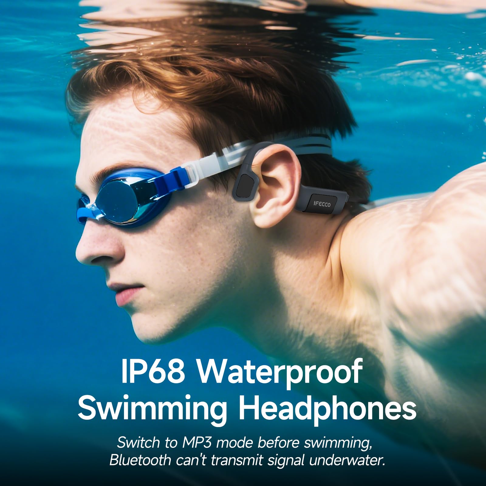 IFECCO Swimming Headphones Underwater - IP68 Waterproof Bone Conduction Headphones Bluetooth 5.4, Open Ear Earbuds with 32GB MP3 Player Memory for Swimming Running Cycling