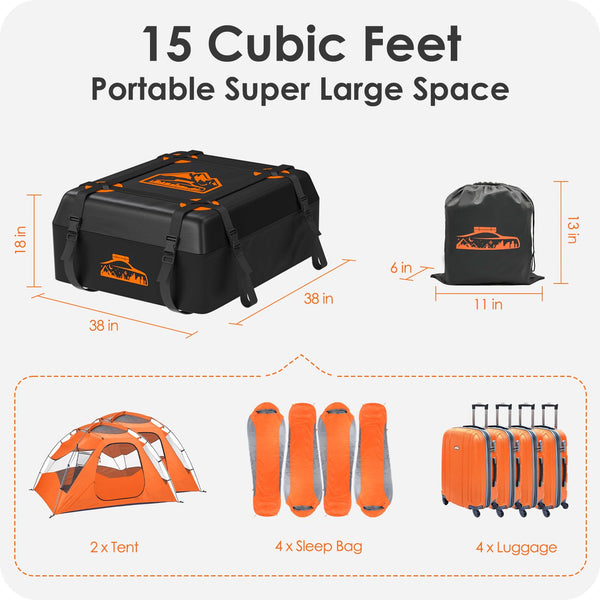 BOYUJK Roof Bag 20 Cubic/566 L, Waterproof Car Roof Bag no Rack Needed, Car Roof Box with Anti-Slip Mat and 6 Heavy-Duty Straps, Folding Soft Roof Bag for Cars with/Without Rack（ Orange 566L ）