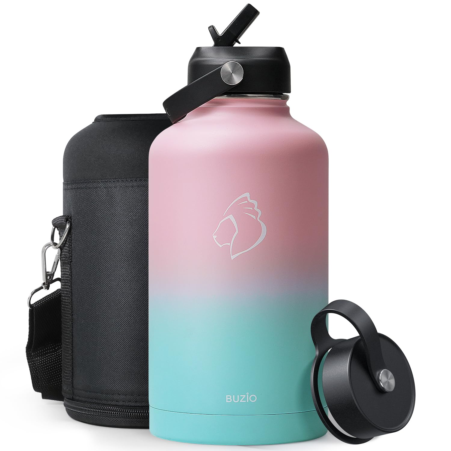 Stainless Steel Water Bottle 2L, BUZIO Vacuum Insulated Water Bottle with Straw Lid and Flex Cap Cold for 48 Hrs, Hot for 24 Hrs Double Wall Wide Mouth BPA Free Leak Proof, Black