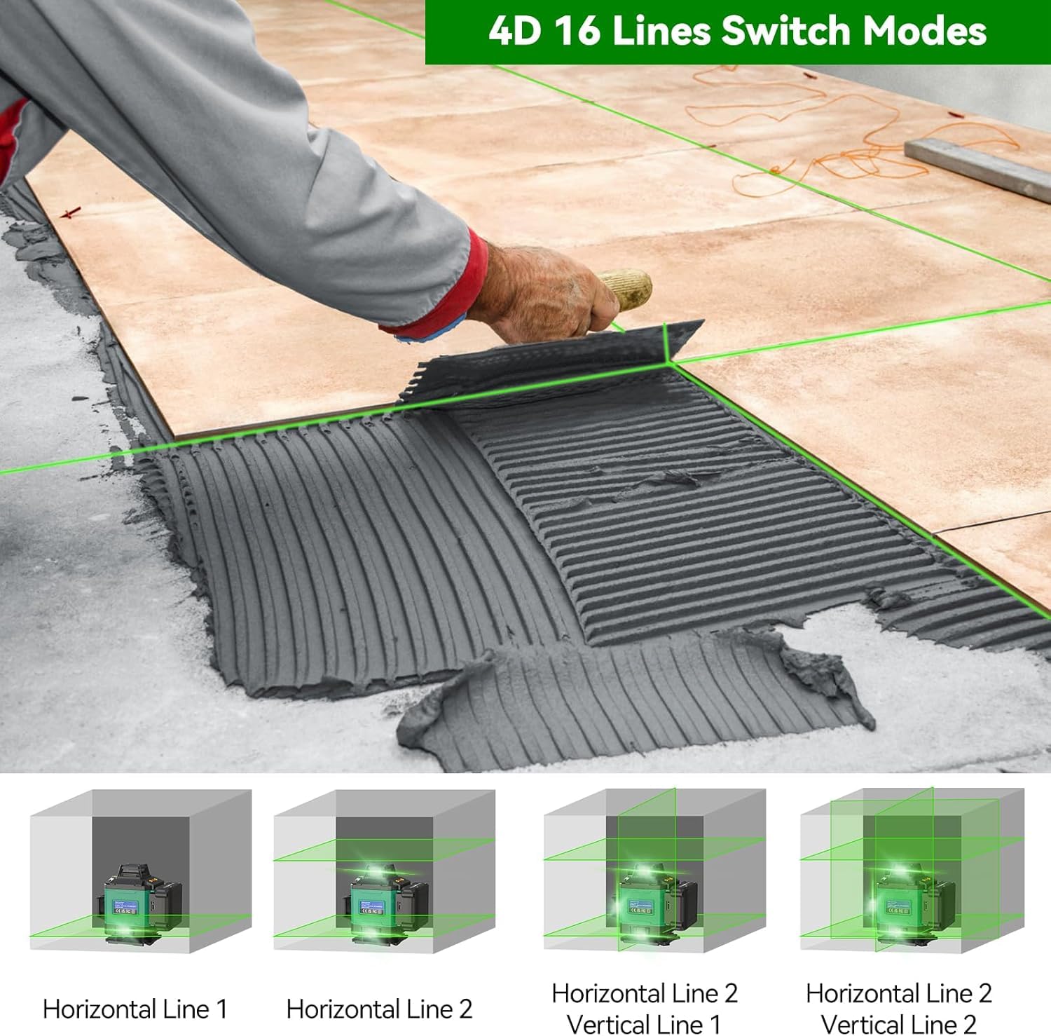 Laser Lever with Tripod, Healfith 4 x 360° 16 Lines Self Leveling Laser Level Green Lazer Level for Construction, Tile, Home Renovation, Picture Hanging