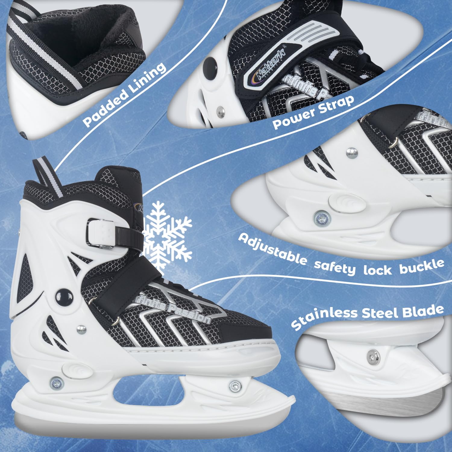 Nattork Adjustable Kids Ice Skate for Boys Girls Adult, Soft Padding and Reinforced Ankle Support Ice Hockey Skates