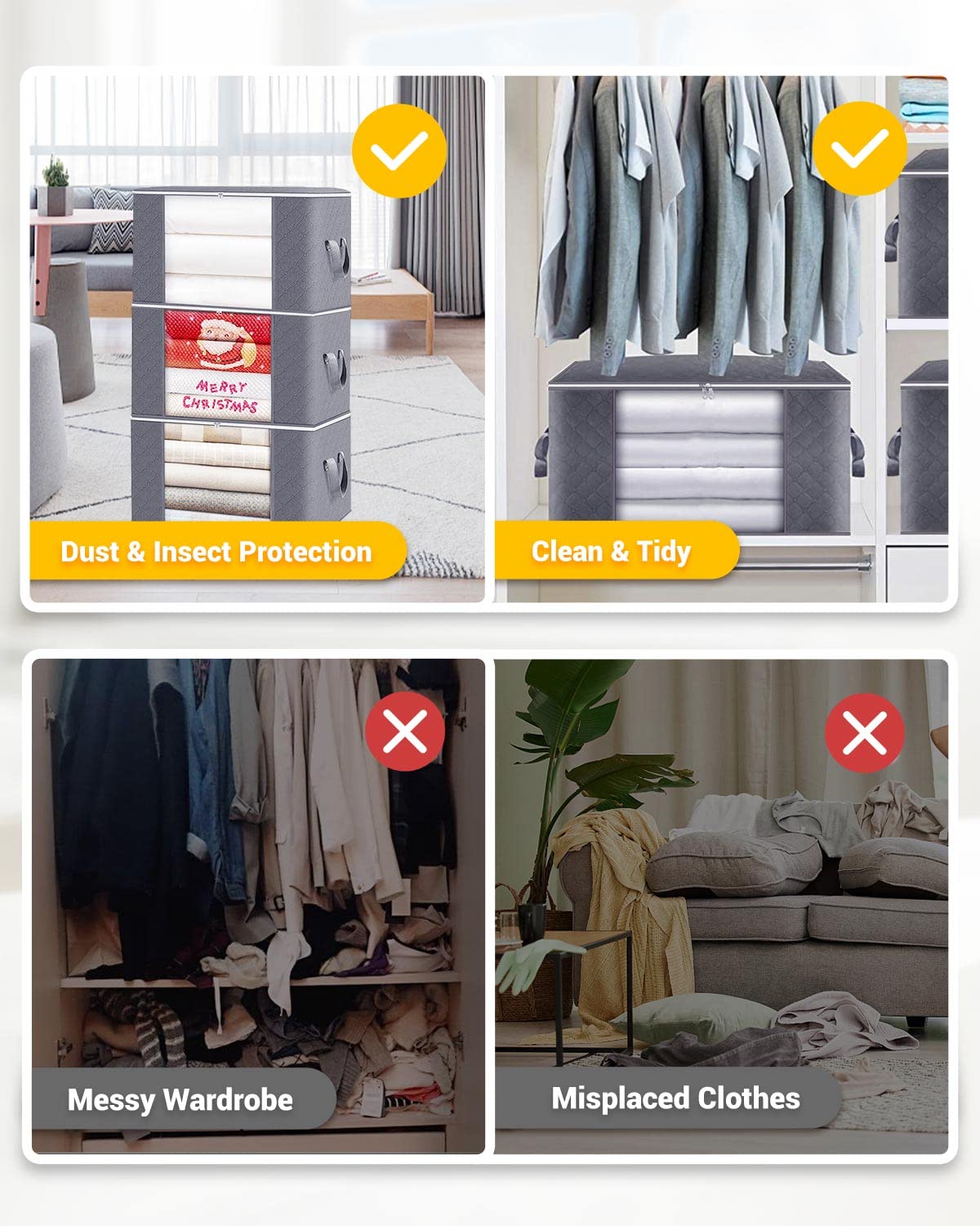 KALAHOL 90L Large Capacity Clothes Storage Bags with Zips, Storage Boxes with Lids, Reinforced Handle, Foldable, Thick Fabric, for Comforters, Clothes, Blankets, Bedding, 4 Pack, Dark Grey