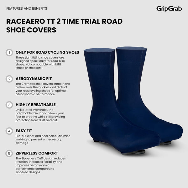 GripGrab 2nd Generation RaceAero TT Raceday Lycra Shoe Cover 2 Lightweight Aerodynamic Road Cycling Performance Overshoe,Navy Blue,M