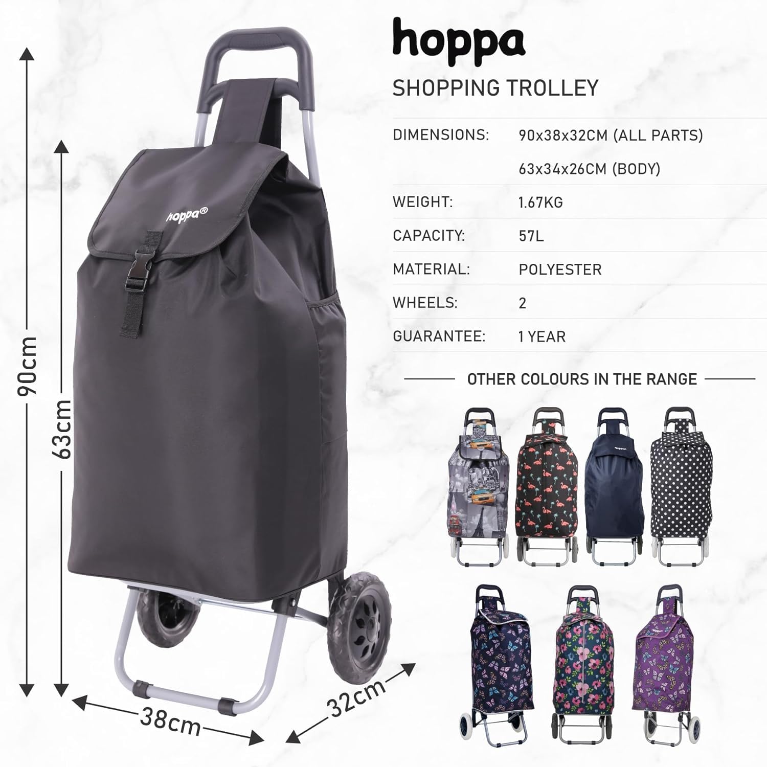 Hoppa 57Ltr Lightweight Shopping Trolley 2025 model, Hard Wearing & Foldaway Push/Pull Cart for Easy Storage With 1 Year Guarantee