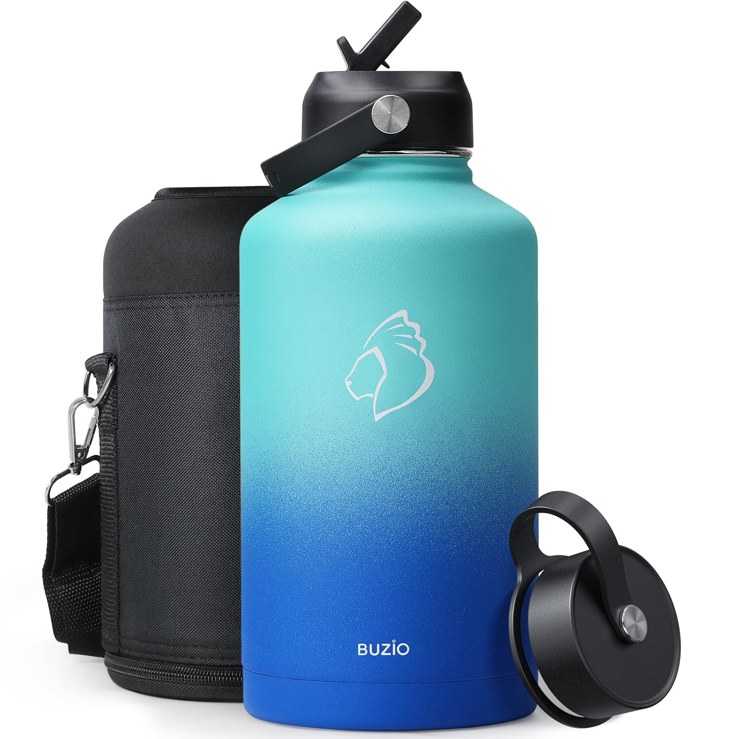 Stainless Steel Water Bottle 2L, BUZIO Vacuum Insulated Water Bottle with Straw Lid and Flex Cap Cold for 48 Hrs, Hot for 24 Hrs Double Wall Wide Mouth BPA Free Leak Proof, Black