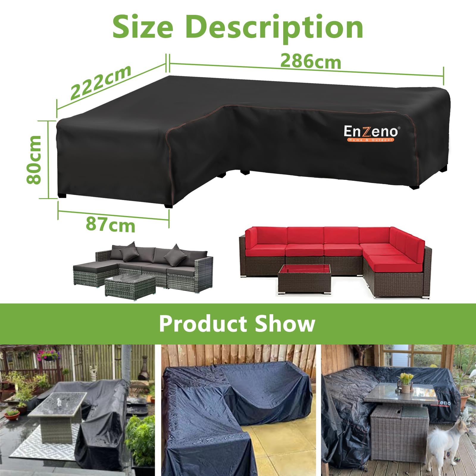 Enzeno Garden Furniture Covers waterproof, 420D Oxford Fabric l shaped outdoor sofa cover, Rattan Corner Sofa Cover with Waterproof Tape