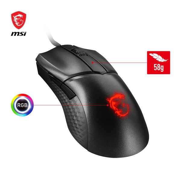 MSI CLUTCH GM51 LIGHTWEIGHT Gaming Mouse - 26000 DPI Optical Sensor, Elite 0.125ms Latency, 60M+ Click OMRON Switches, 6-Buttons, FriXionFree Cable, RGB Diamond LightGrips, 75g - Wired