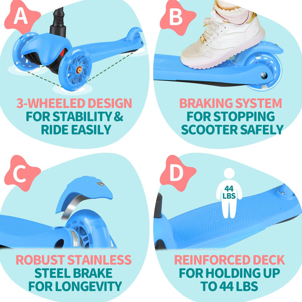 BELEEV Scooter for Kids Ages 2-6, 3 Wheel Scooter for Children Toddlers Girls Boys, Light-Up Wheels, 4 Adjustable Height, Lean to Steer, Non-Slip
