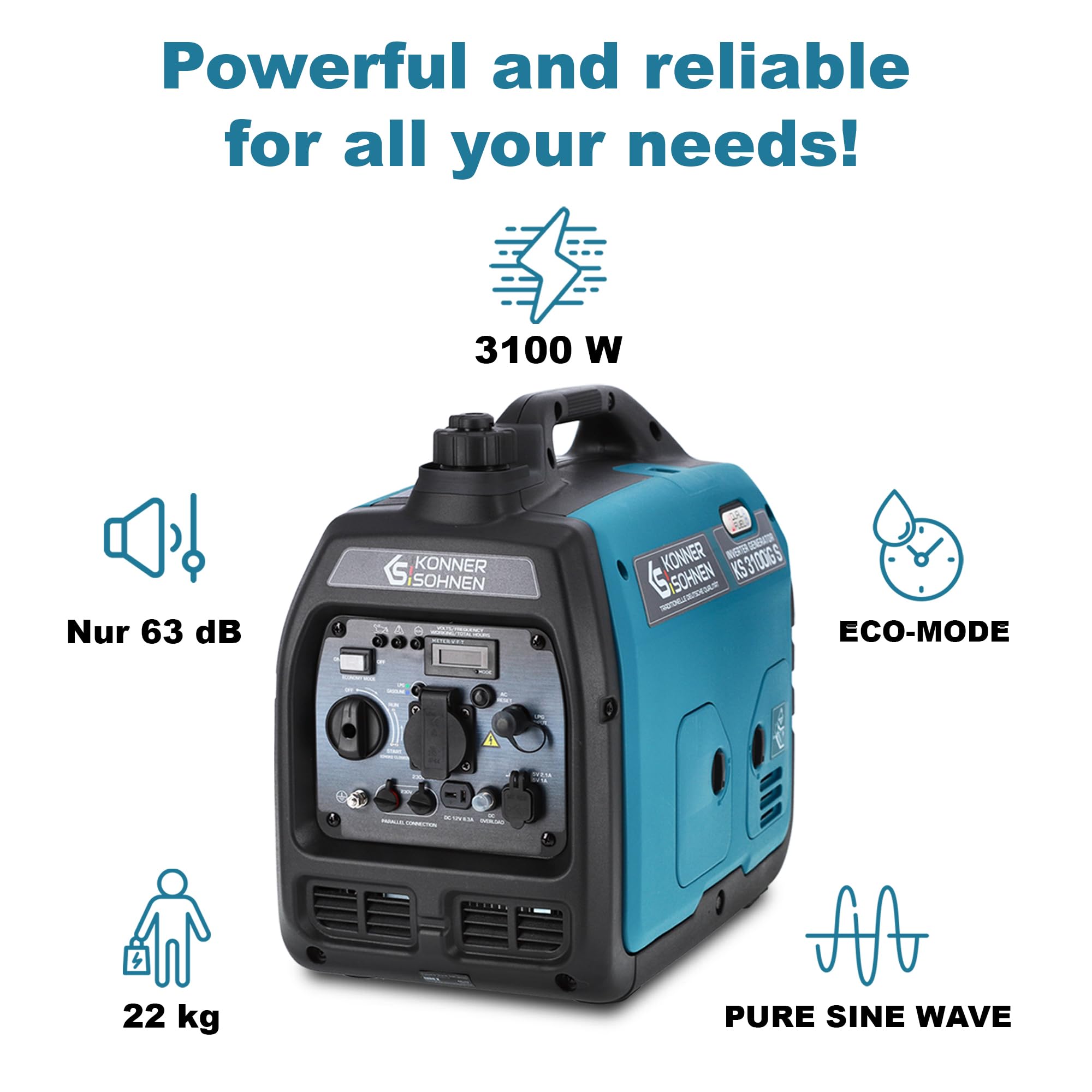 Könner & Söhnen KS 3100iG S portable LPG/petrol inverter generator 3100 W,UK Plug Socket 1x13 A (230 V), 2 USB ports,copper winding,silent inverter generator,dual fuel generator