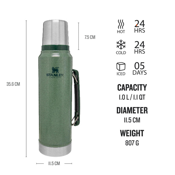 Stanley Classic Legendary Thermal Flask 1L - Keeps Hot Or Cold For 24 Hours - BPA-Free Insulated Bottle - Stainless Steel Coffee Flask - Leakproof - Dishwasher Safe - Hammertone Green