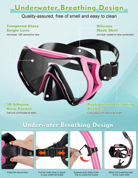 Hydomi Snorkel Set Adults 180? Panoramic Anti-Fog Snorkel Mask with Dry Top Valve, Leak-Proof Tempered Glass Diving Set for Swimming Snorkeling,