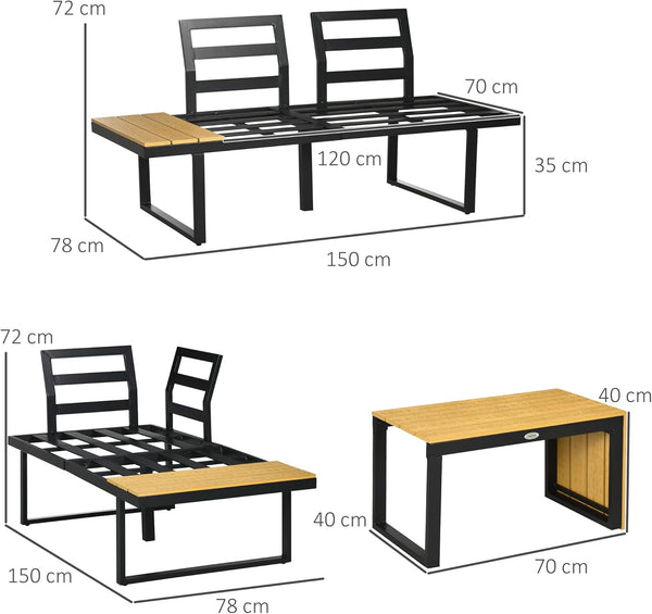 Outsunny 3 Pieces Patio Furniture Set, Outdoor Garden Sofa Conversation Set w/Padded Cushions, Wood Grain Plastic Top Table and Side Panel, Dark Grey