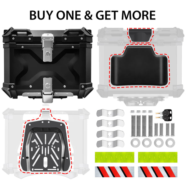 VOKKA Motorcycle Top Box, 65L Aluminium Alloy Waterproof Dustproof and Anti-Theft, Luggage Box for Storage Helmet, Motorbike Top Case with Backrest and Baseplate (Silver)