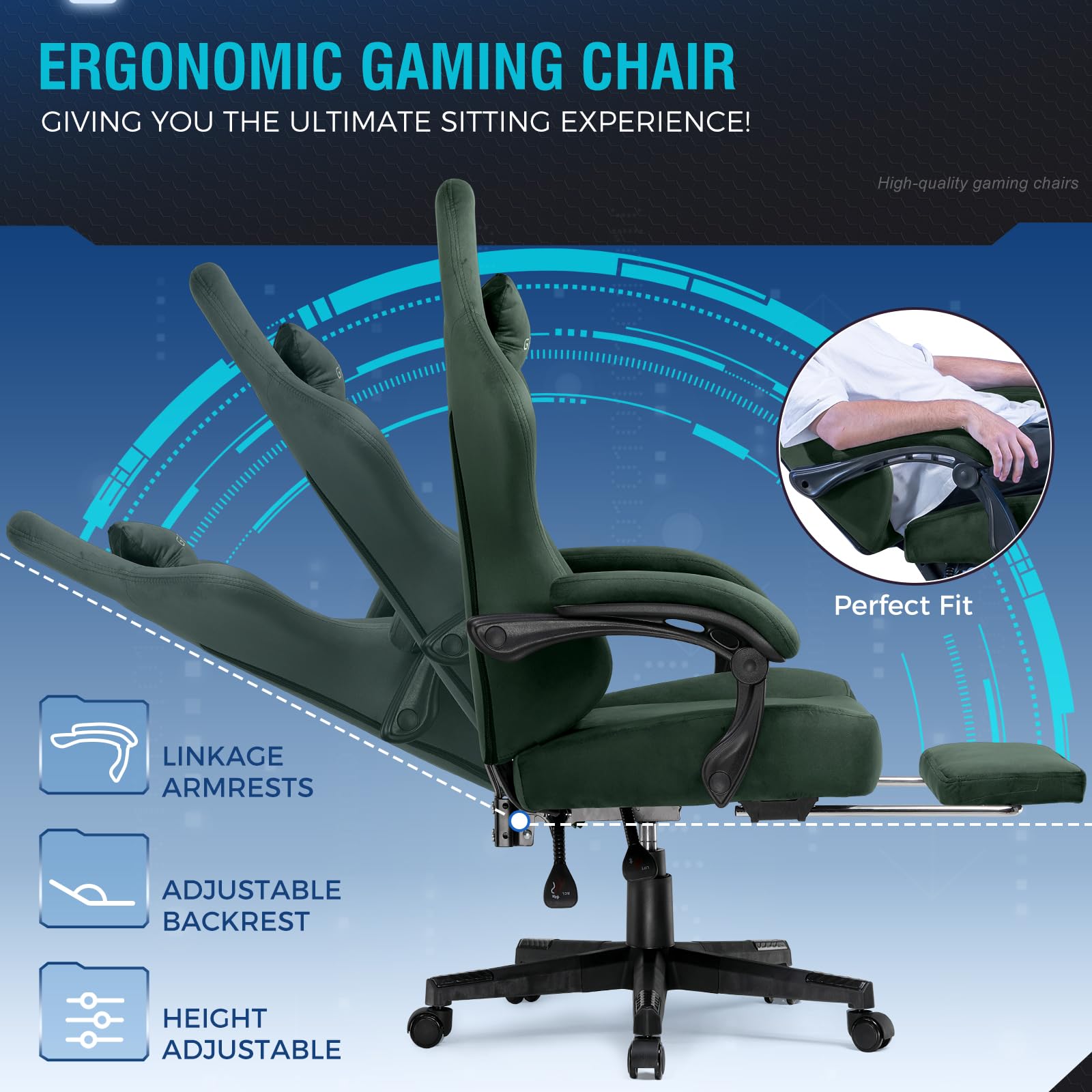 GTPLAYER Fabric Gaming Chair, Ergonomic Computer Chair with Footrest and Lumbar Support Height Adjustable Home Office with 360°-Swivel Seat and Headrest