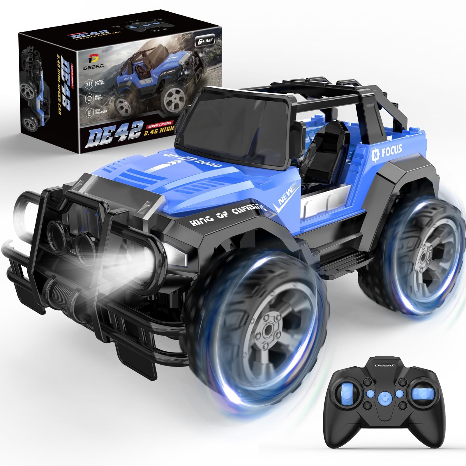DEERC RC Cars Remote Control Car 1:14 Off Road Monster Truck,Metal Shell 4WD Dual Motors LED Headlight Rock Crawler,2.4Ghz All Terrain Hobby Truck with 2 Batteries for 90 Min Play,Boy Adult Gifts