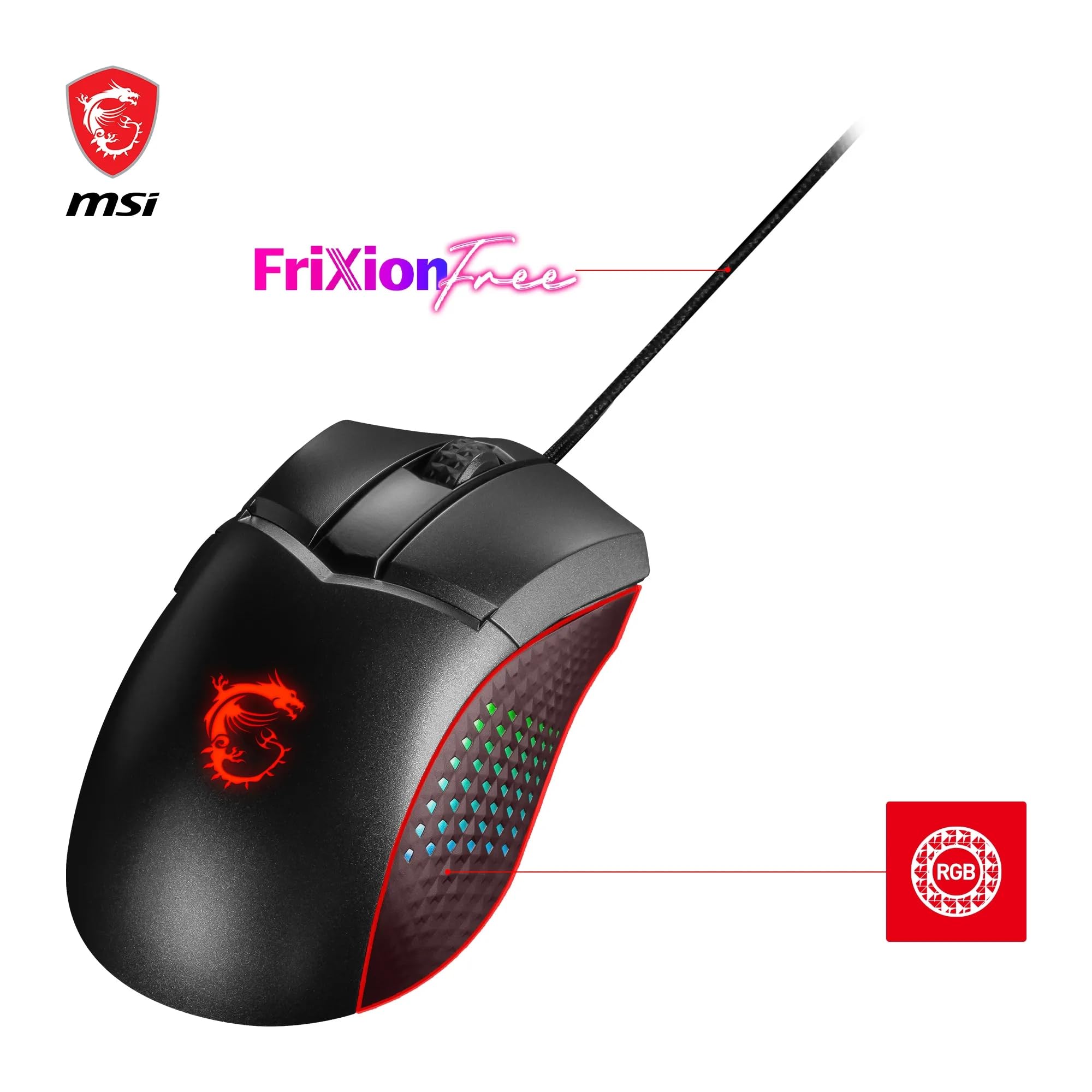 MSI CLUTCH GM51 LIGHTWEIGHT Gaming Mouse - 26000 DPI Optical Sensor, Elite 0.125ms Latency, 60M+ Click OMRON Switches, 6-Buttons, FriXionFree Cable, RGB Diamond LightGrips, 75g - Wired