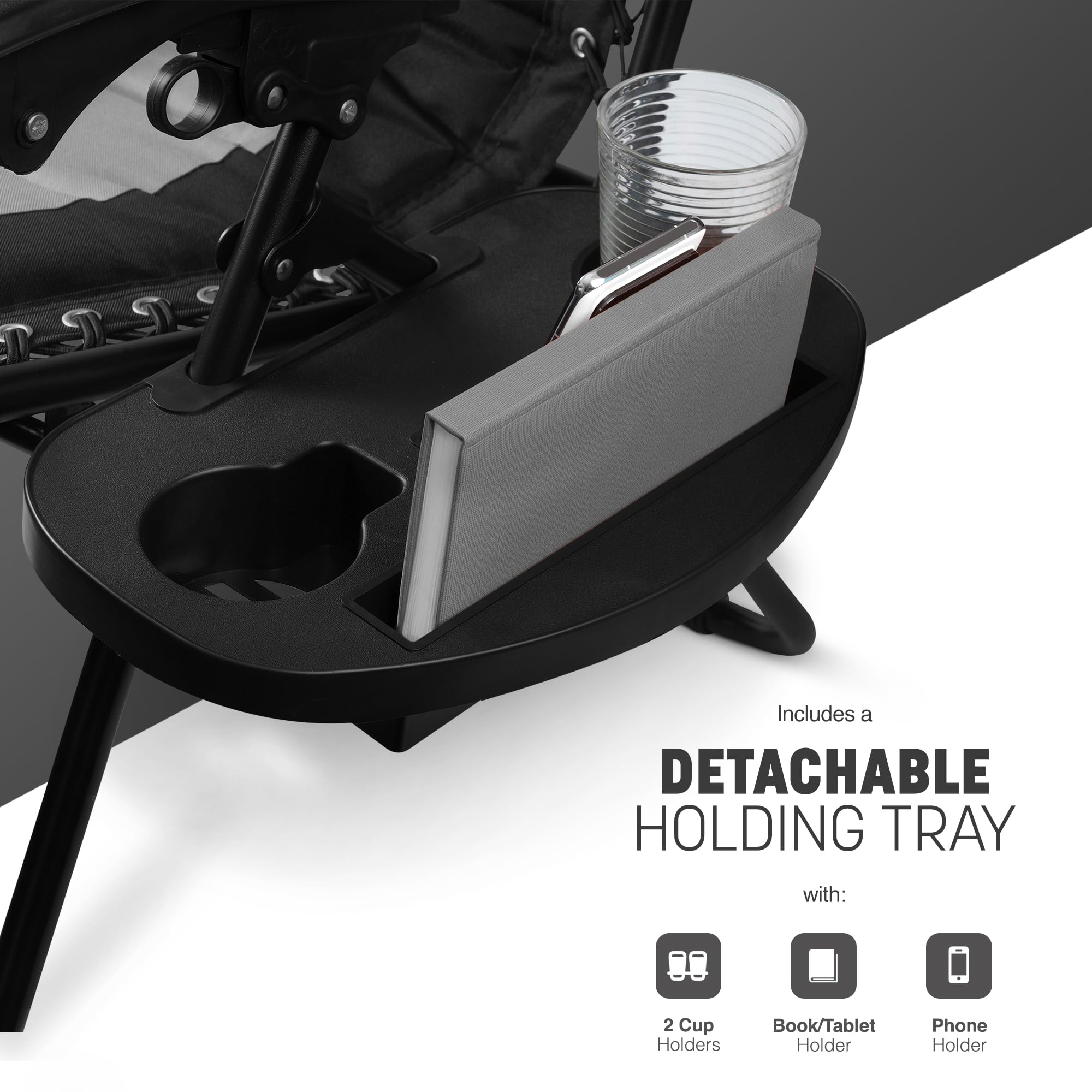 KEPLIN Set of 2 XXL Premium Heavy Duty Padded Zero Gravity Chairs - Luxurious Garden Recliners, Adjustable Headrest, Cup & Phone Holder, Foldable, Easy to Clean Patio Sun Loungers(Black)