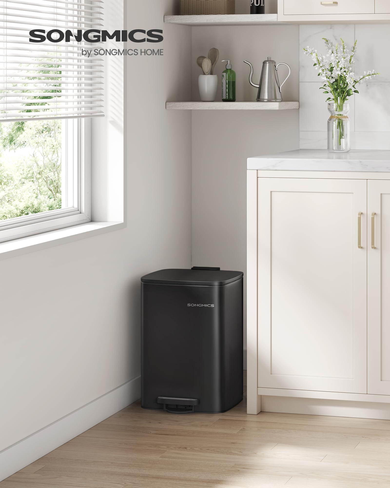 SONGMICS Kitchen Bin, 8-Gallon (30 L) Trash Bin, Steel Pedal Bin, with Inner Bucket, Soft Close and Stays Open, Ink Black LTB593B02