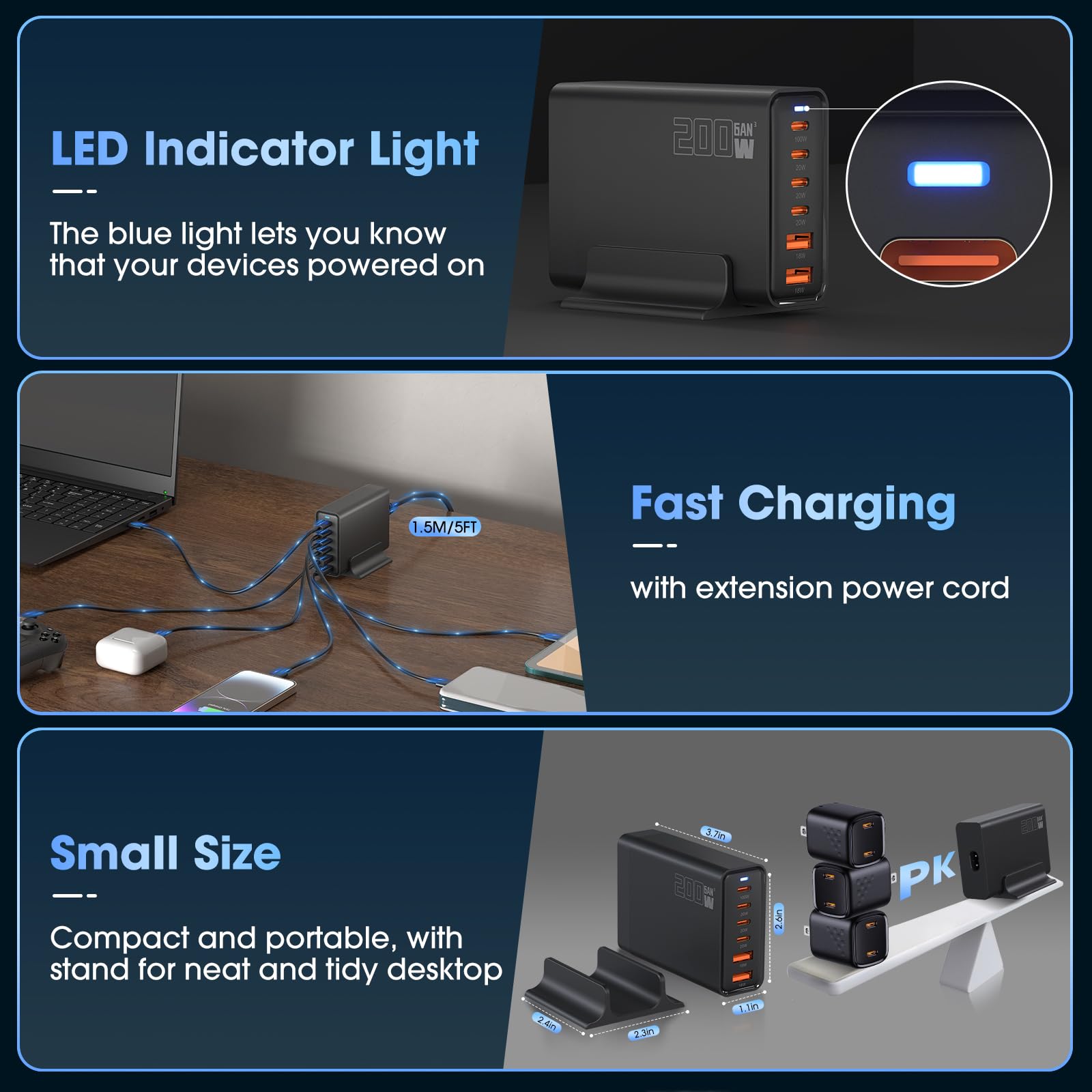 200W 6-Port USB Charging Station, PD 100W 65W 45W 20W 18W USB C GaN III Charger Laptop & Phone Fast Charger Plug, Compatible with MacBook Pro/Air,Dell XPS, iPhone 15/16/14/ Pro, iPads, Steam Deck