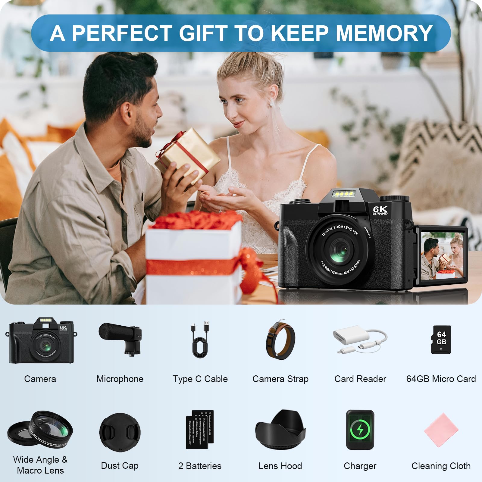 Digital Camera,4K 64MP Cameras for Photography with Beauty Light 180°flip Screen Compact Vlogging photo Camera, 18 Digital Zoom, Adjustable Flashlight
