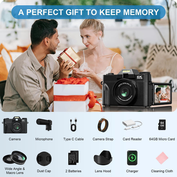 Digital Camera,4K 64MP Cameras for Photography with Beauty Light 180°flip Screen Compact Vlogging photo Camera, 18 Digital Zoom, Adjustable Flashlight