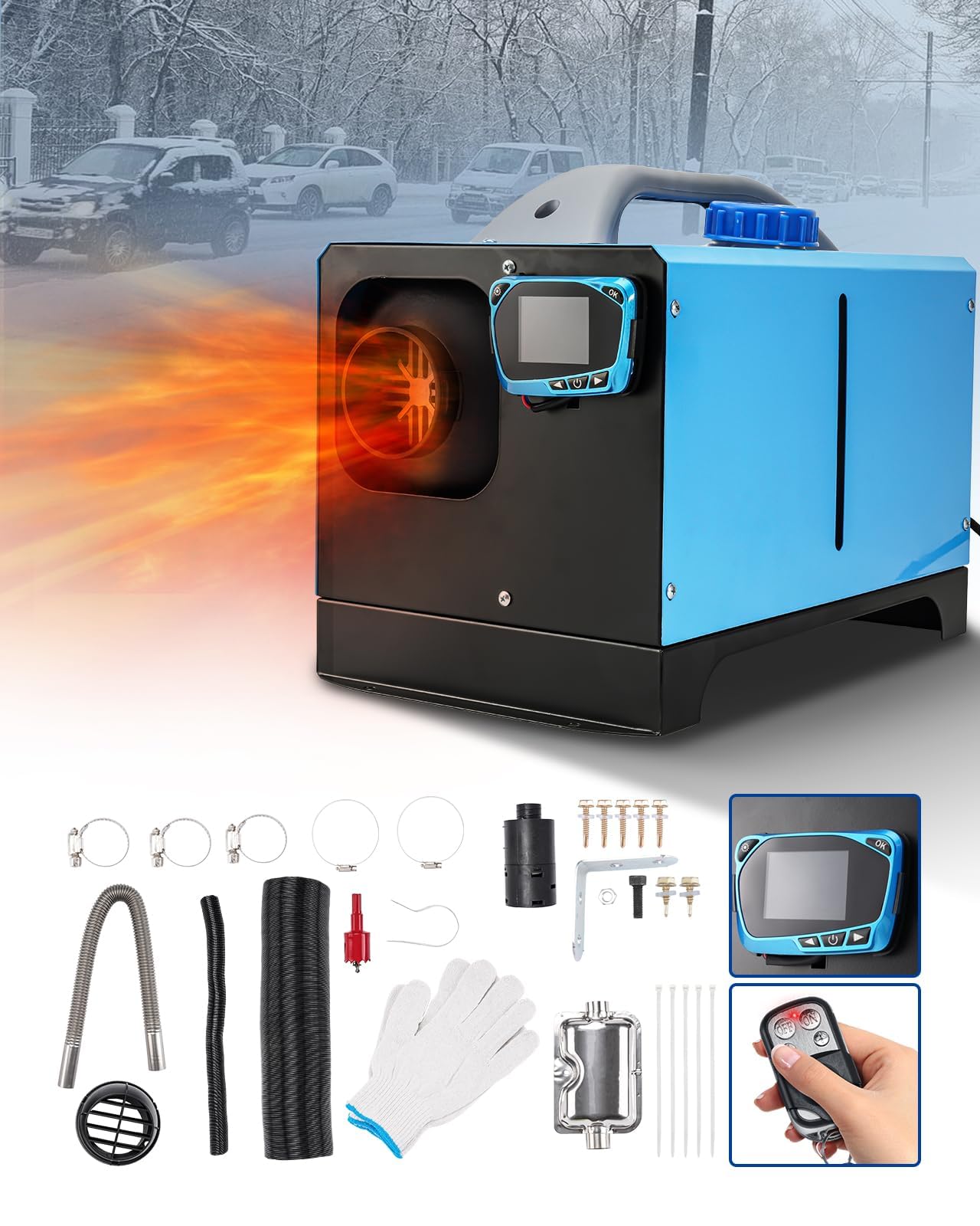 ShockFlo 12V 5KW Diesel Air Heater, All in One Parking Heater Kit with Remote Control, Silencer and LCD Display, Fast Heating, for RV Truck, Motorhomes, Boat, Bus, Car Trailer, Caravans