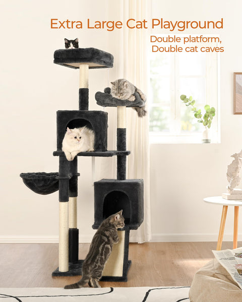 FourFurPets 156 cm Cat Scratching Post Kitty Tower Kitten Condo for Indoor Cats with Scratching Posts, Condos, Ladders, Soft Perches, Hanging Toy Cat