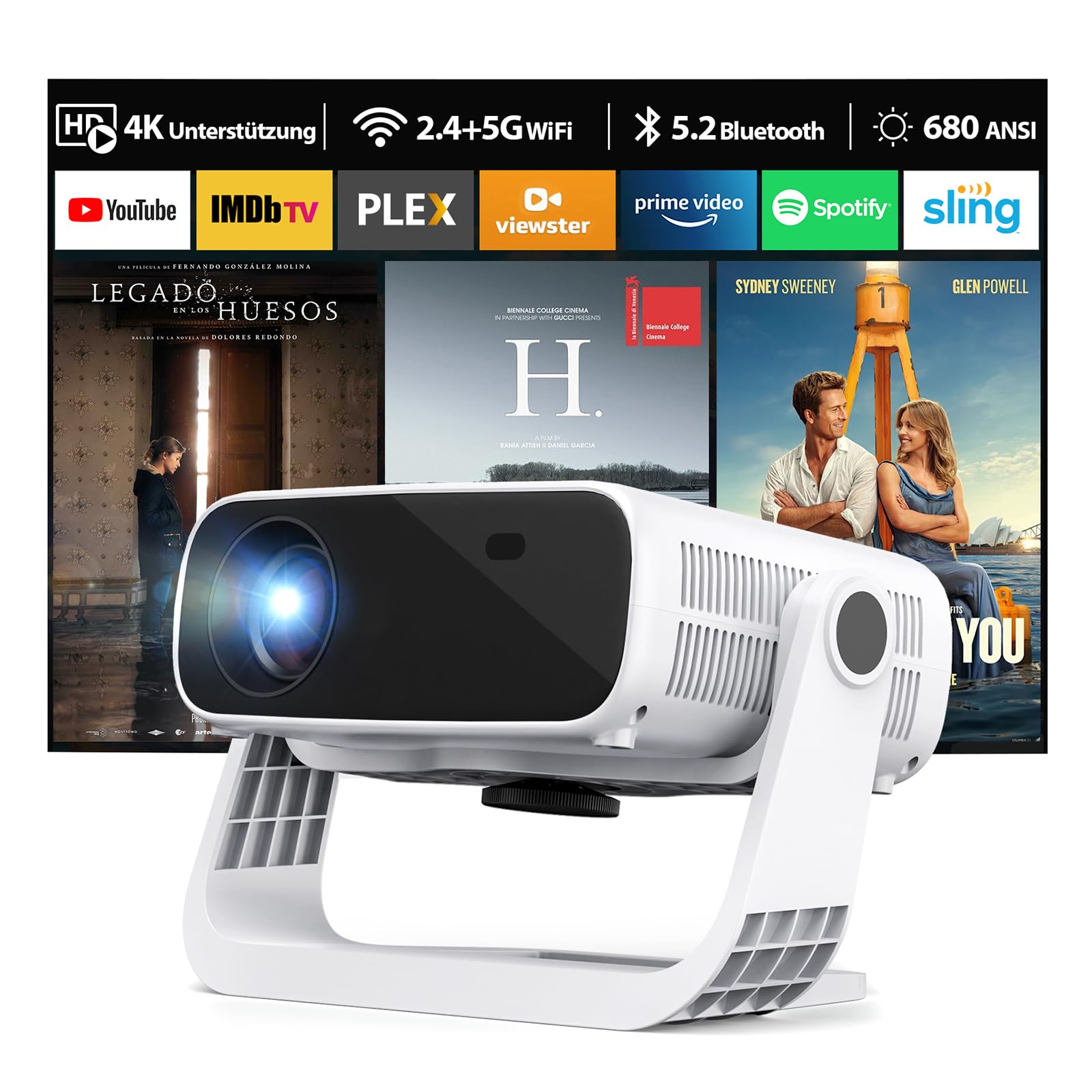 2025 New Smart Projector Built-in Apps, Android 11, Native 1080P 4K Supported WiFi 6 Bluetooth 5.2, 28000 Lumens, Low Fan Noise (<30dB), Home Cinema Projector for iOS/Android/PS5