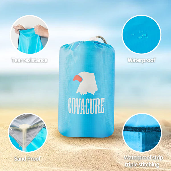 COVACURE Beach Blanket Mat with 3 Zipper Pockets, Extra Large 210 x 200cm Water Resistant Sand Proof Picnic Blanket for Camping, Hiking, Picnic (Orange)