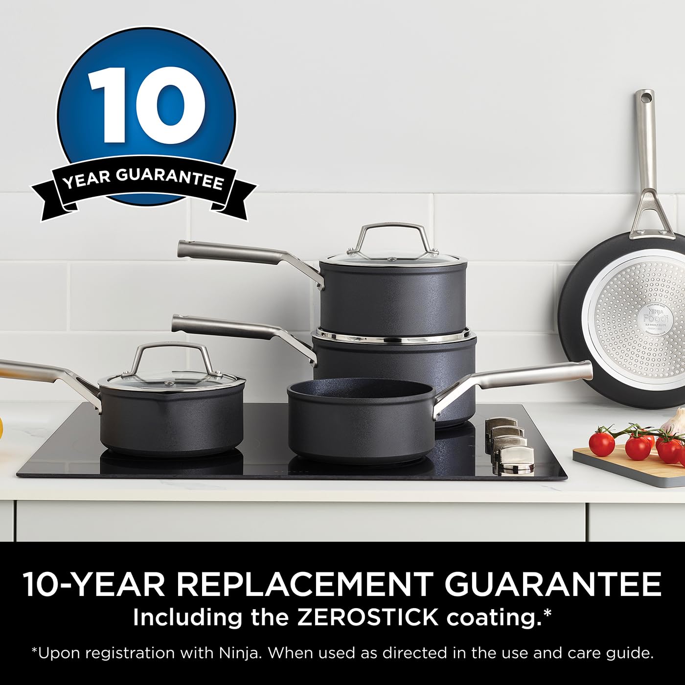 Ninja ZEROSTICK Premium 5-Piece Pan Set, Long Lasting Non-Stick, 3x Saucepans with Glass Lids, 1x Milk Pan, 1x Frying Pan, Hard Anodised Aluminium, Induction Compatible, Grey C35000UK