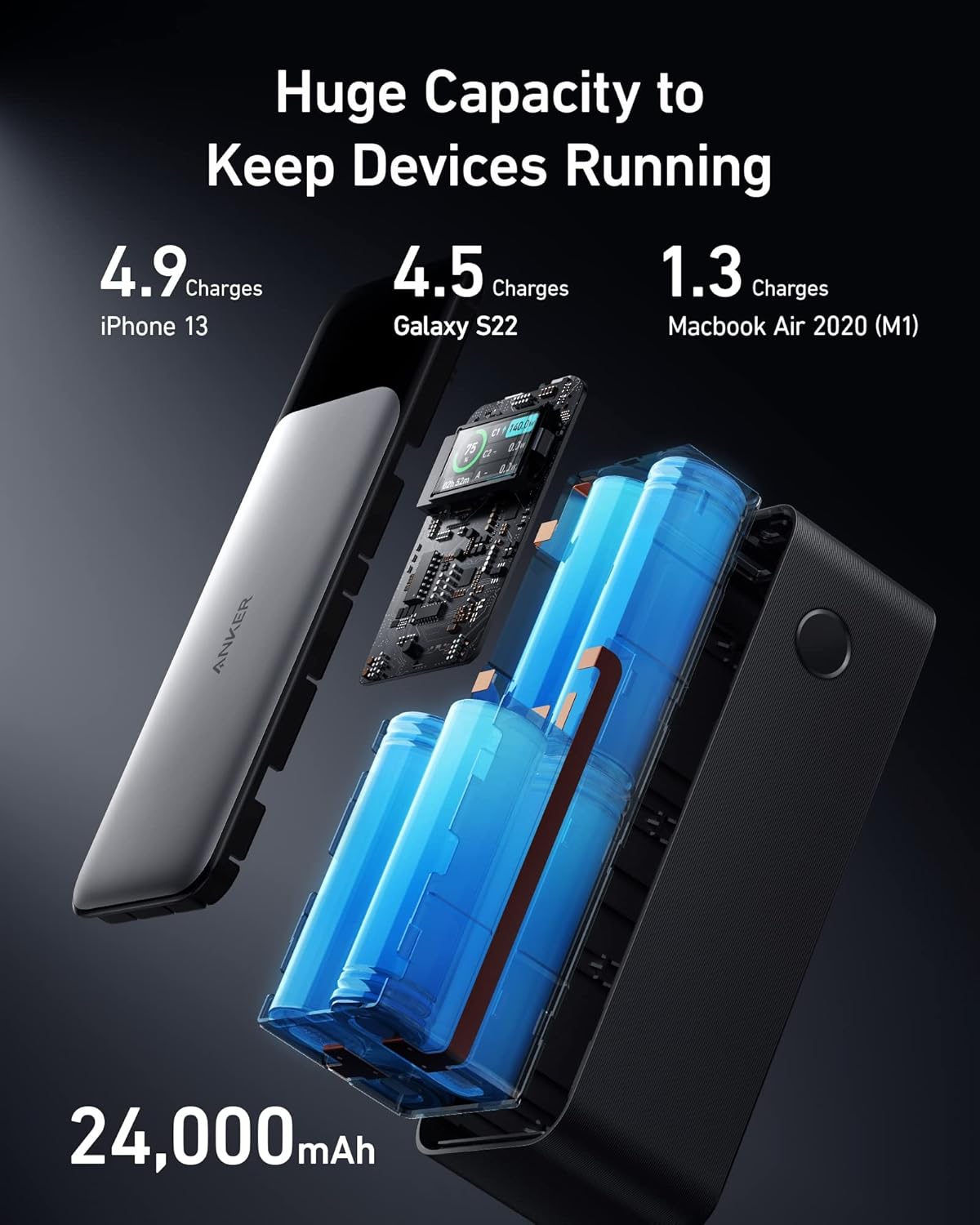 Anker Power Bank, 24,000mAh 3-Port Portable Charger with 140W Output, 737 (PowerCore 24K), Smart Digital Display, Compatible with iPhone 16/15/14/13 Series, Samsung, Dell, AirPods, and More