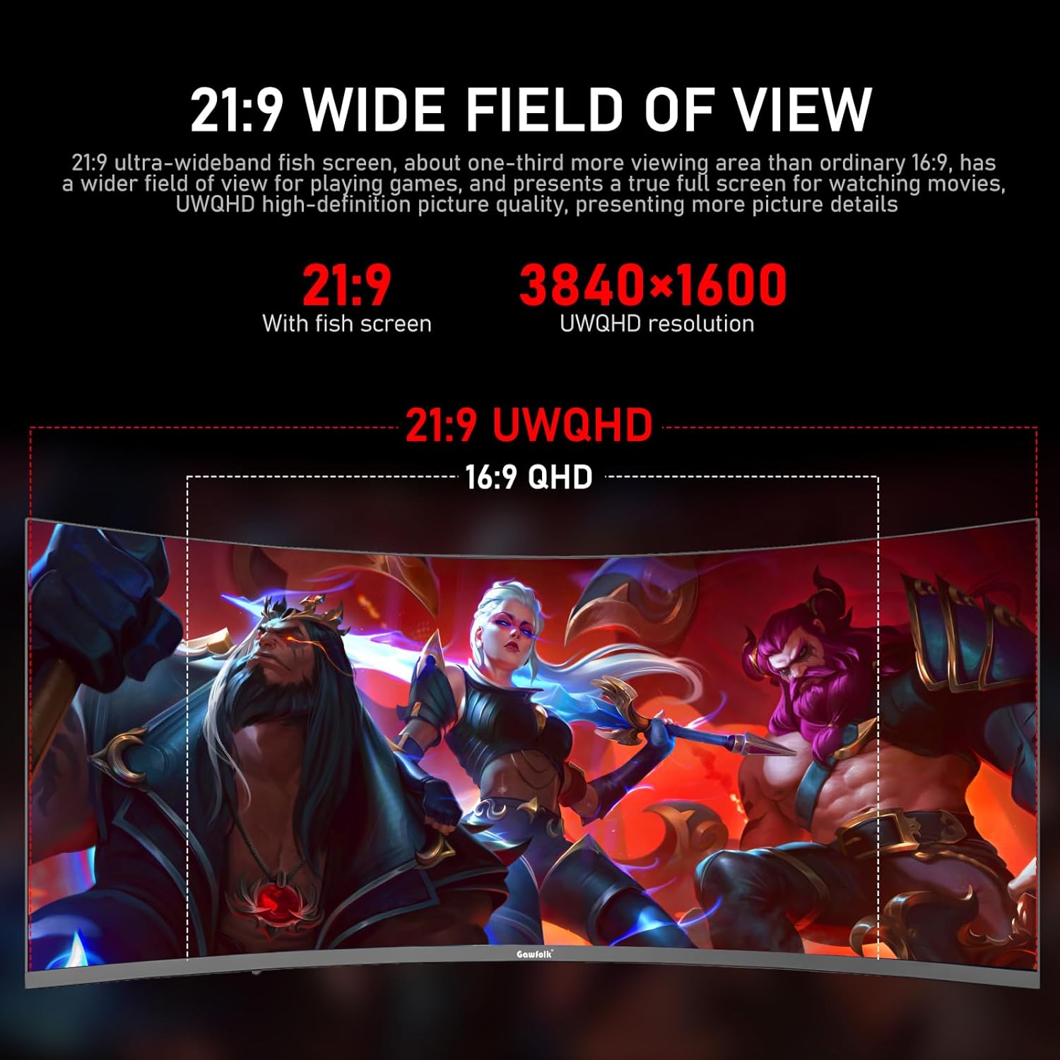 Gawfolk 34 Inch Ultrawide Curved 144Hz Gaming Computer Monitor 1500R PC Screen 21:9 UWQHD (3440x1440),Adaptive Sync,178° Viewing Angle,Display Port、HDMI 2.0, VESA75x75MM-Black