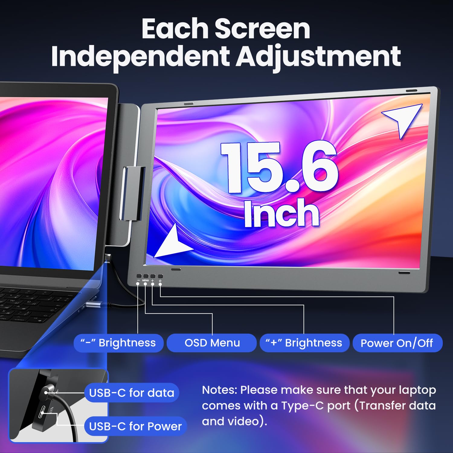 KPKUE 15.6" Laptop Screen Extender Monitor, 1080P FHD IPS Dual Portable Monitor for Laptop, Compatible with 12" -16" Laptops, Plug and Play (Windows only) X90E