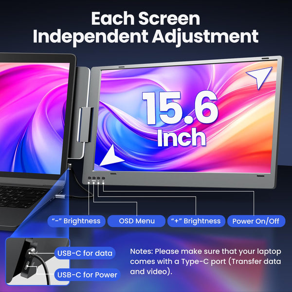 KPKUE 15.6" Laptop Screen Extender Monitor, 1080P FHD IPS Dual Portable Monitor for Laptop, Compatible with 12" -16" Laptops, Plug and Play (Windows only) X90E