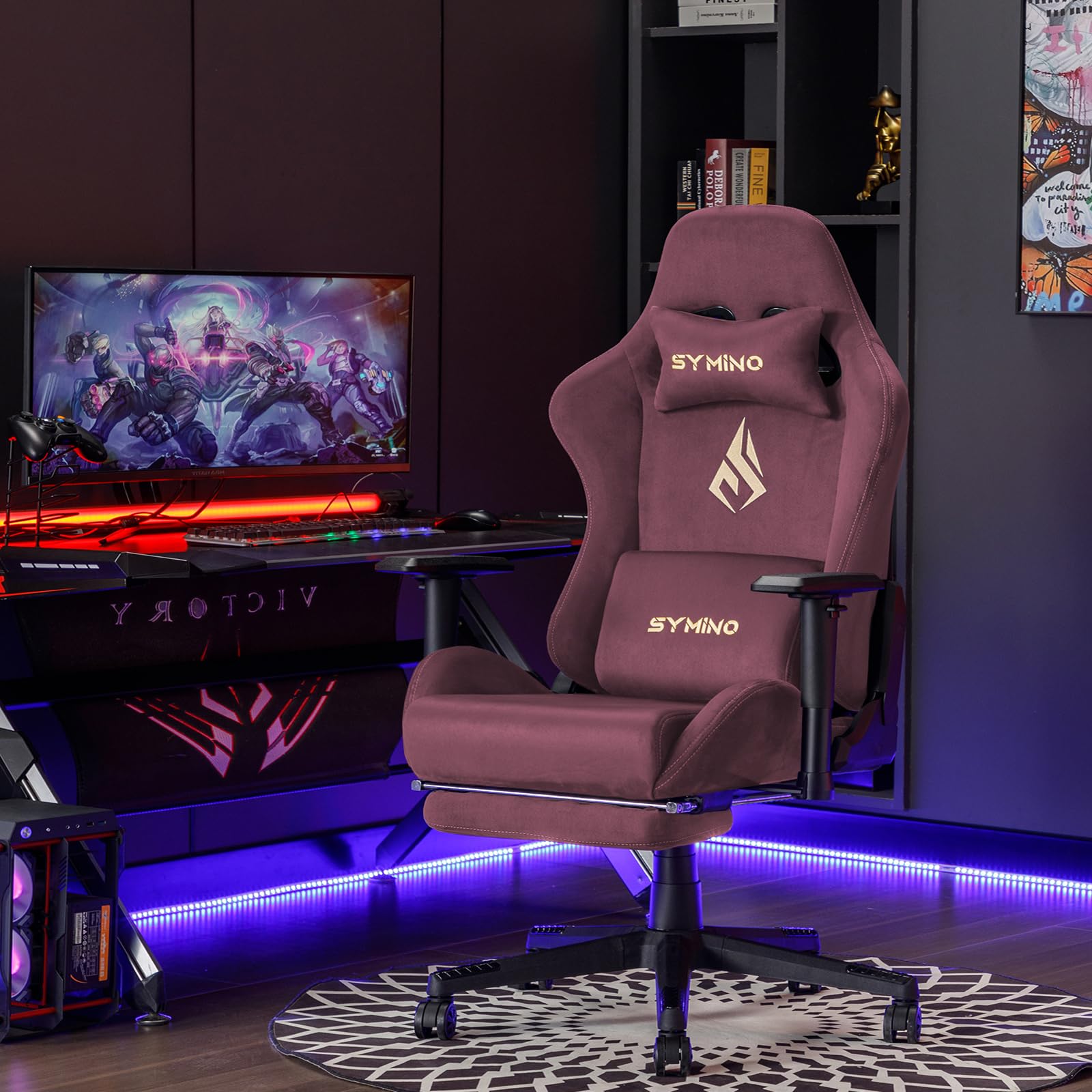 Symino Gaming Chair, Computer Chair with Footrest, Headrest and Lumbar Support, Ergonomic PC Chair, Height Adjustable Rotating Task Chairs, Blue