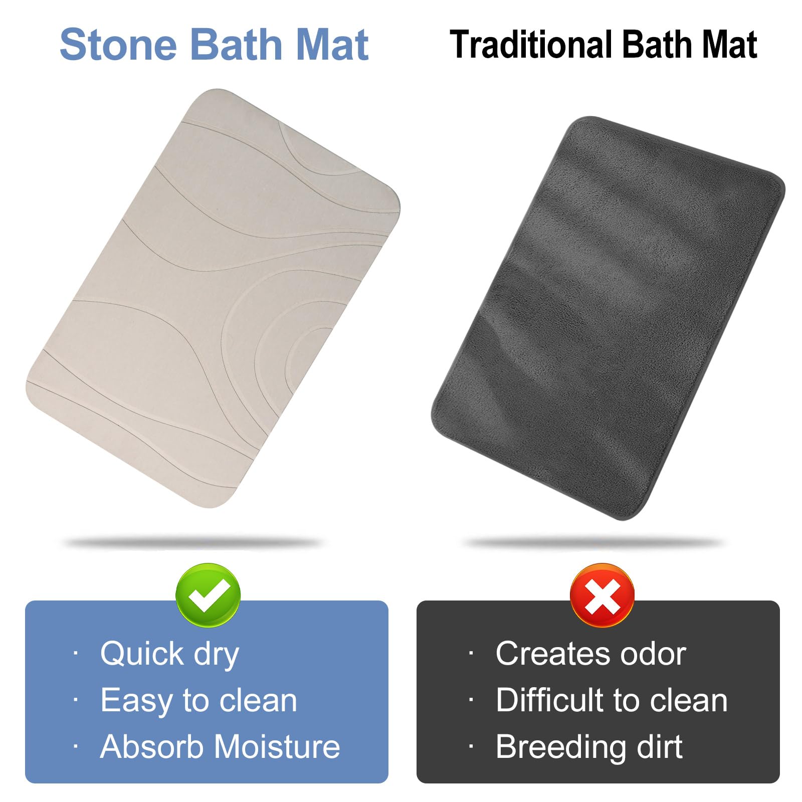 HUMIGA Stone Bath Mat, 2 Pack Diatomaceous Earth Shower Mat, Non-Slip Super Absorbent Quick Drying Bathroom Floor Mat, 24x15, Greyish White