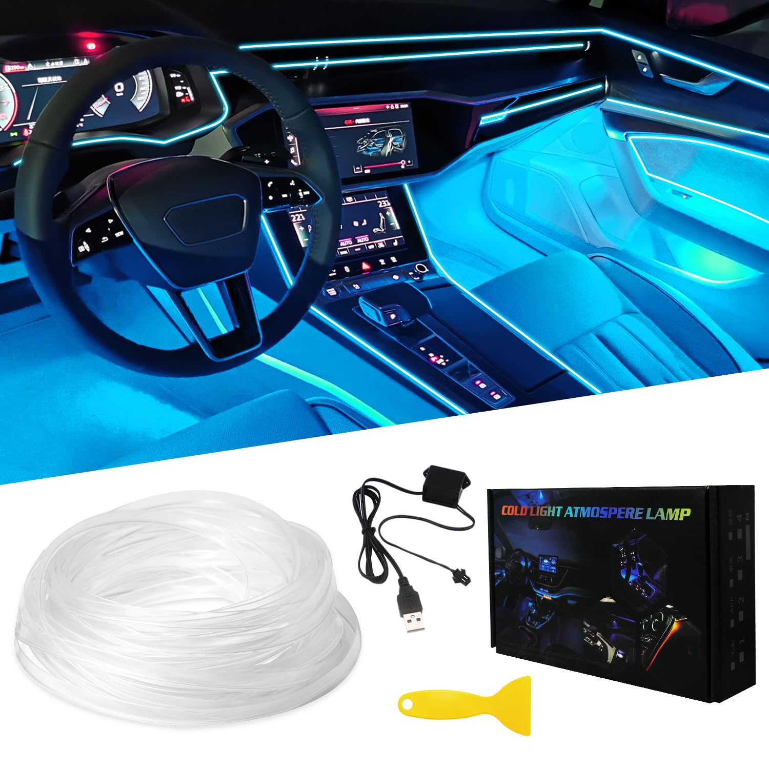 Keiurot El Wire Car Lights Neon Light for Car USB Ice Blue 10M/32Ft Car Ambient Lighting Atmosphere Car Led Interior Strip Light Sewing Edge Decoration Dashboard Lights Strip LED Trim Light