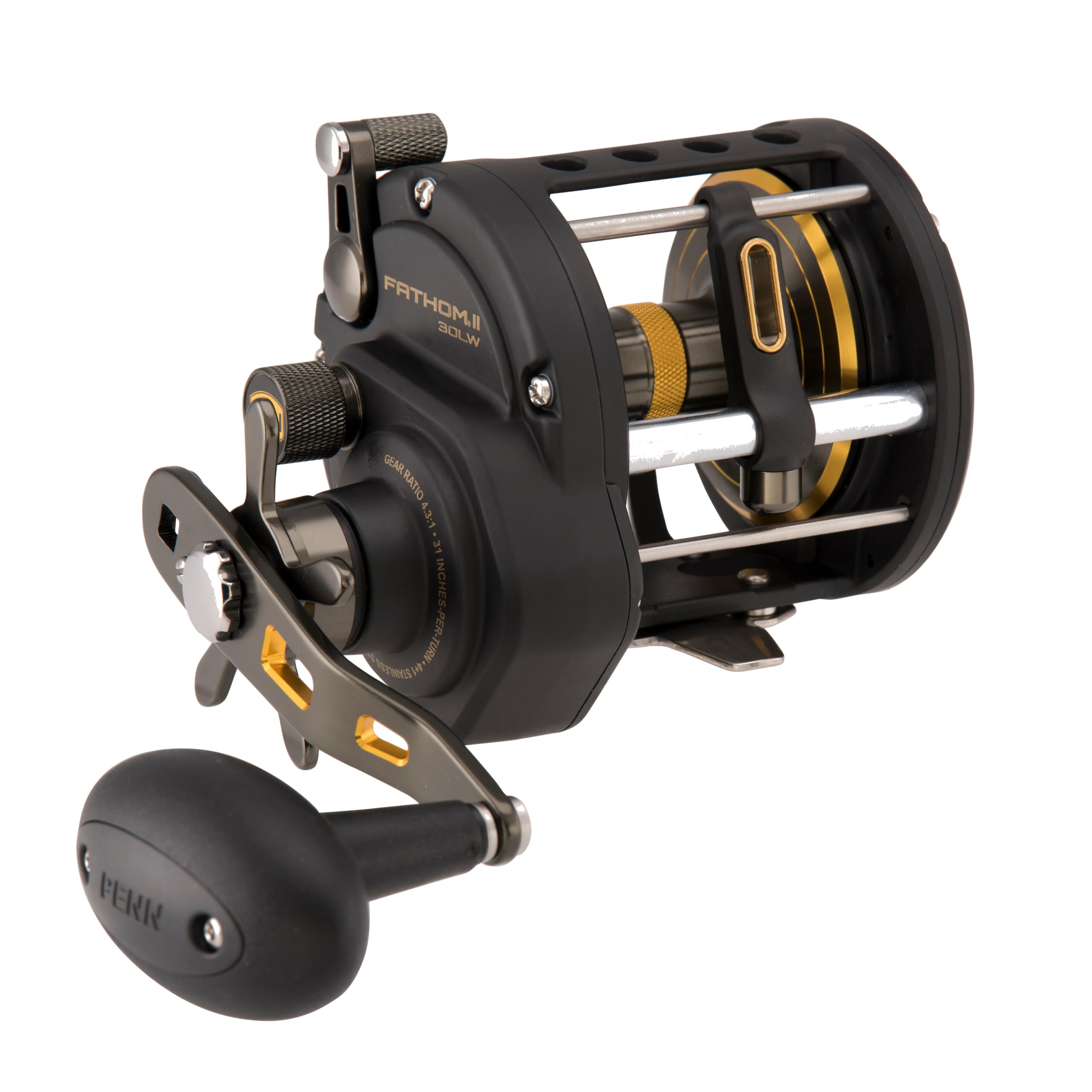 PENN Fathom® II Level Wind | Saltwater Multiplier Fishing Reel for Sea, Shore, Kayak & Lake Anglers | Conventional Reel with HT-100 Drag, Full Metal Body, Line Counter & Size Options | Black Gold